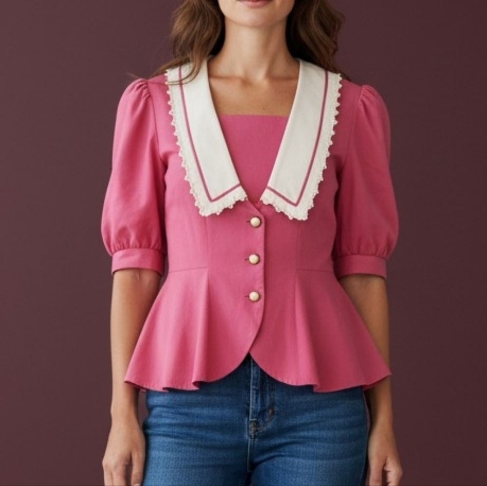 Vtg GREGORY DESIGNS 1980s Candy Pink Cottage Colonial Peplum Button Down Shirt